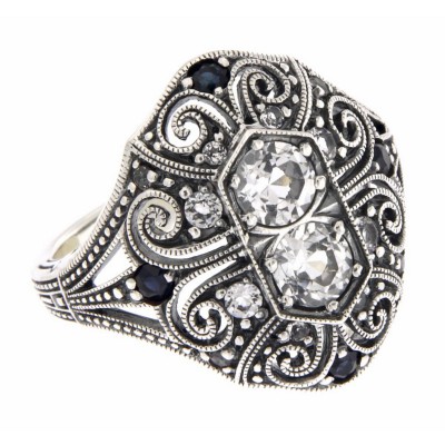 White Topaz and Sapphire Filigree Ring - Art Deco Style - Sterling Silver - FR-11-WT White Topaz and Sapphire Filigree Ring - Art Deco Style - Sterling Silver - FR-11-WT