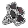 Unique Art Deco Style Garnet and Diamond Filigree Ring Sterling Silver