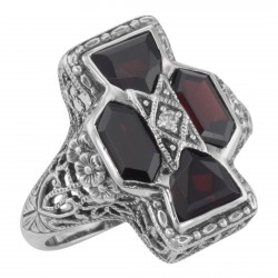 Unique Art Deco Style Garnet and Diamond Filigree Ring Sterling Silver