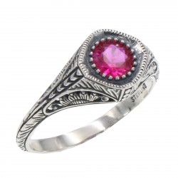 Art Deco Style Sterling Silver Red Pink Ruby Filigree Ring 