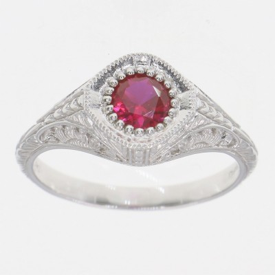 Art Deco Style 14kt White Gold Red Pink Ruby Filigree Ring - FR-116-R-WG