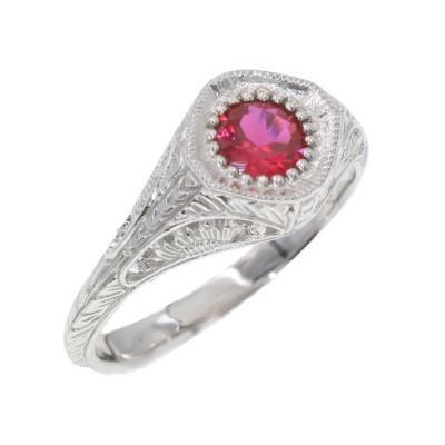 Art Deco Style 14kt White Gold Red Pink Ruby Filigree Ring - FR-116-R-WG