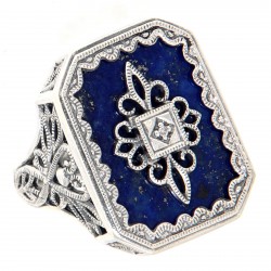 Victorian Style Blue Lapis and Diamond Filigree Ring Sterling Silver