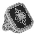 Victorian Style Black Onyx and Diamond Filigree Ring Sterling Silver