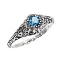 Art Deco Style London Blue Topaz Solitaire Filigree Ring - Sterling Silver