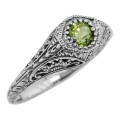 Art Deco Style Peridot Solitaire Filigree Ring - Sterling Silver