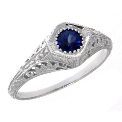 Victorian Style Blue Sapphire Filigree Ring 14kt White Gold - FR-117-S-WG