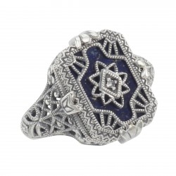 Victorian Style Blue Lapis  Diamond Filigree Ring - Sterling Silver
