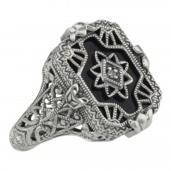 Antique Victorian Style Black Onyx / Diamond Filigree Ring Sterling Silver