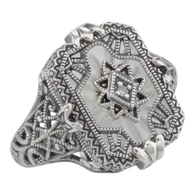 Victorian Style Camphor Glass Crystal Filigree Diamond Ring Sterling Silver - FR-1170-SR