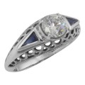 Art Deco Style Cubic Zirconia Filigree Ring w/ Sapphire - Sterling Silver
