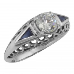 Art Deco Style Cubic Zirconia Filigree Ring w/ Sapphire - Sterling Silver