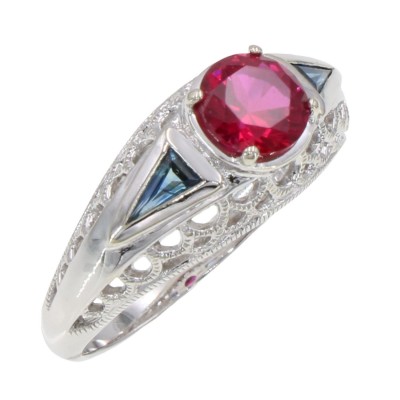 Vintage Inspired Art Deco Style Red Ruby Filigree Ring with Sapphire Accents - 14kt White Gold - FR-118-R-WG