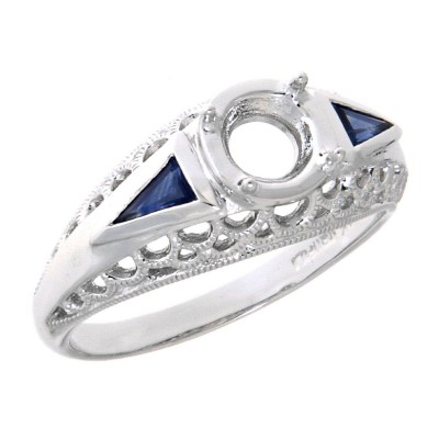 Art Deco Style  Filigree Semi Mount Ring Sapphire Accents 14kt White Gold - FR-118-SEMI-WG