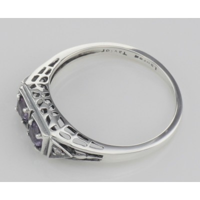 Art Deco Style Amethyst Filigree Ring w/ 2 Diamonds - Sterling Silver - FR-119-AM