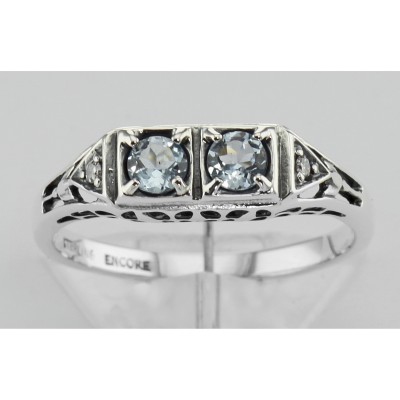 Art Deco Style Blue Topaz Filigree Ring w/ 2 Diamonds - Sterling Silver - FR-119-BT
