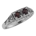 Art Deco Style Garnet Filigree Ring w/ 2 Diamonds - Sterling Silver