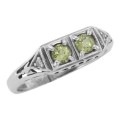 Art Deco Style Peridot Filigree Ring w/ 2 Diamonds - Sterling Silver