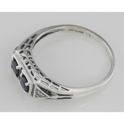 Art Deco Style Sapphire Filigree Ring w/ 2 Diamonds - Sterling Silver - FR-119-S