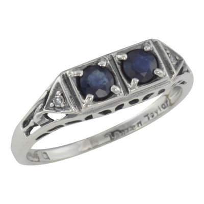 Art Deco Style Sapphire Filigree Ring w/ 2 Diamonds - Sterling Silver - FR-119-S