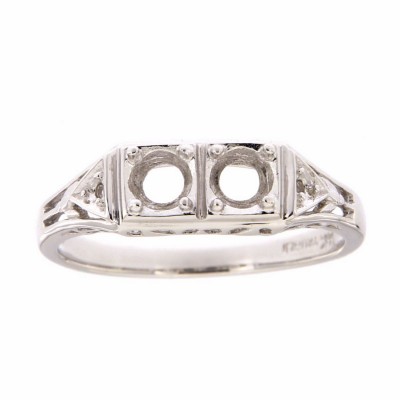 Art Deco Style Semi Mount Filigree Ring w/ 2 Diamonds - 14kt White Gold - FR-119-SEMI-WG