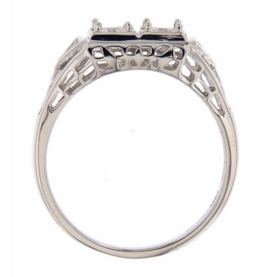 Art Deco Style Semi Mount Filigree Ring w/ 2 Diamonds - 14kt White Gold - FR-119-SEMI-WG