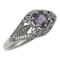 Art Deco Style Amethyst Filigree Ring w/ 4 Diamonds -  Sterling Silver