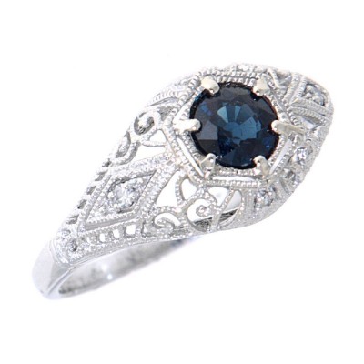 Blue Sapphire Art Deco Diamond Filigree Ring - 14kt White Gold - FR-121-BS-WG