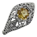 Art Deco Style Citrine Filigree Ring w/ 4 Diamonds - Sterling Silver