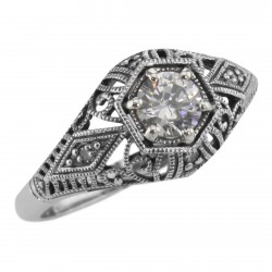 White Topaz Filigree Ring Art Deco Style w/ 4 Diamonds - Sterling Silver White Topaz Filigree Ring Art Deco Style w/ 4 Diamonds - Sterling Silver