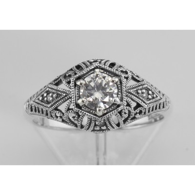 White Topaz Filigree Ring Art Deco Style w/ 4 Diamonds - Sterling Silver - FR-121-WT