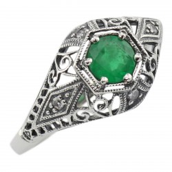 Emerald Filigree Ring Art Deco Style w/ 4 Diamonds - Sterling Silver