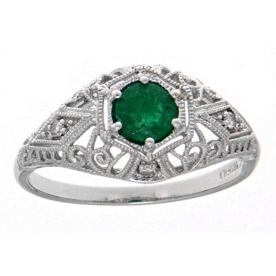 Emerald Filigree Ring Art Deco Style w/ 4 Diamonds - 14kt White Gold - FR-121-E-WG