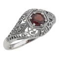 Art Deco Style Garnet Filigree Ring w/ 4 Diamonds - Sterling Silver