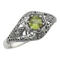 Art Deco Style Peridot Filigree Ring w/ 4 Diamonds - Sterling Silver