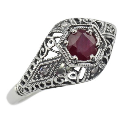 Ruby Filigree Ring Art Deco Style w/ 4 Diamonds - Sterling Silver - FR-121-R