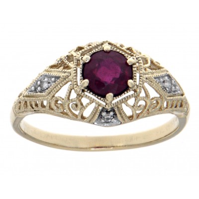 Ruby Art Deco Style Diamond Filigree Ring - 14kt Yellow Gold