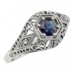 Art Deco Style Sapphire Filigree Ring w/ 4 Diamonds - Sterling Silver