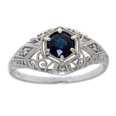 Art Deco Style Sapphire Filigree Ring w/ 4 Diamonds 14kt White Gold - FR-121-S-WG