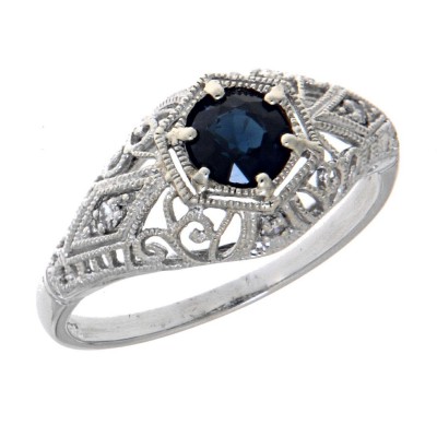 Art Deco Style Sapphire Filigree Ring w/ 4 Diamonds 14kt White Gold - FR-121-S-WG