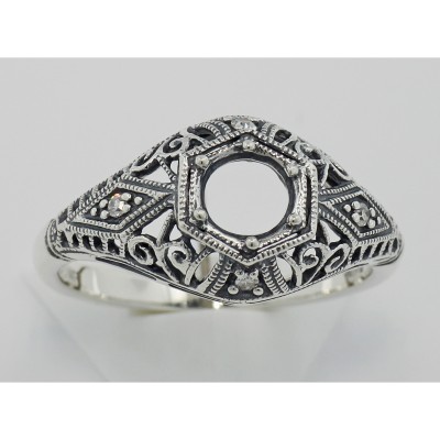 Semi Mount Art Deco Diamond Filigree Ring - Sterling Silver - FR-121-SEMI