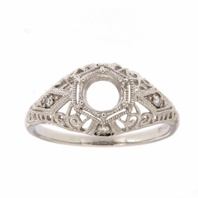 Semi Mount Art Deco Diamond Filigree Ring - 14kt White Gold - FR-121-SEMI-WG
