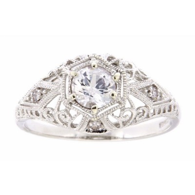 White Sapphire Art Deco Diamond Filigree Ring - 14kt White Gold - FR-121-WS-WG
