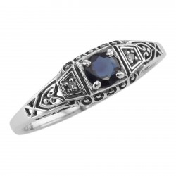 Sapphire Filigree Ring w/ 2 Diamonds - Sterling Silver