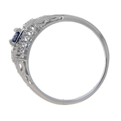 14kt White Gold Blue Sapphire Filigree Ring w/ 2 Diamond Accents - FR-123-S-WG