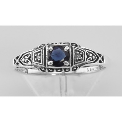 Sapphire Filigree Ring w/ 2 Diamonds - Sterling Silver - FR-123-S