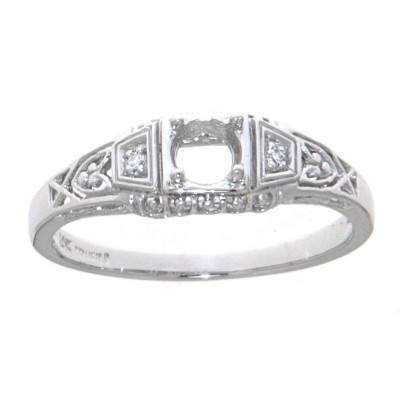 5mm Semi Mount Art Deco Style 14kt White Gold Filigree Ring w/ 2 Diamonds - FR-1854-SEMI-WG
