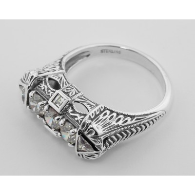 Art Deco Style Sterling Silver Filigree Ring w/ CZ - FR-1238-CZ-CZ