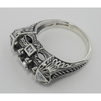Art Deco Style Semi Mount Sterling Silver Filigree Ring w/ CZ Accents - FR-1238-CZ-SEMI