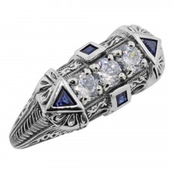 Vintage Style Art Deco Filigree Ring Sapphires White Topaz Sterling Silver Vintage Style Art Deco Filigree Ring Sapphires White Topaz Sterling Silver